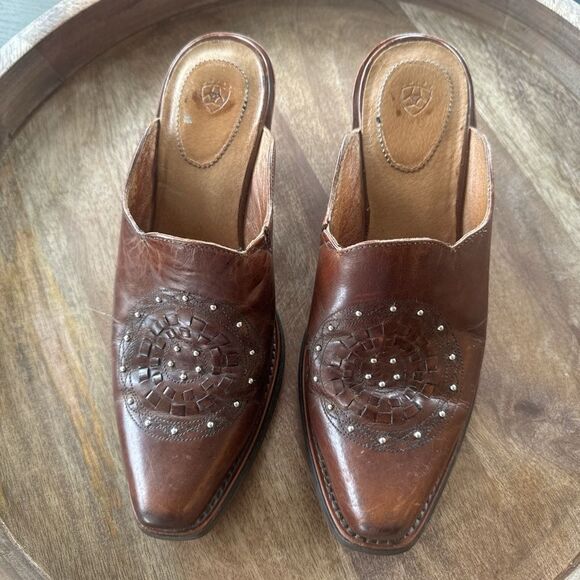 Ariat Brown Leather Women's Mules Silver Studs Western Booties Boho Size 6.5 GUC - Picture 2 of 12